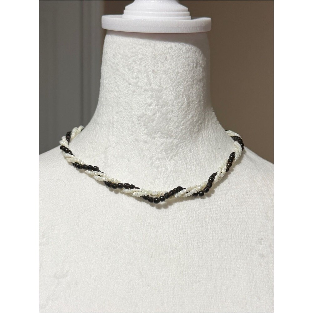 Black White Twisted Beaded Necklace Multi Strand Vintage